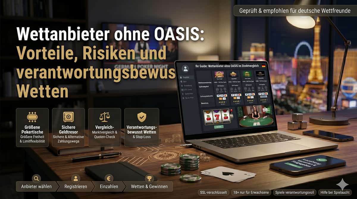 Auf einem Holzschreibtisch steht ein geöffneter Laptop mit einem Vergleich von Online-Casinos. Neben dem Laptop liegen gestapelte Casino-Chips und Spielkarten, im Hintergrund läuft auf einem Fernseher ein Pokerspiel, und aus einem Fenster sieht man die nächtliche Skyline von Las Vegas. Ein eingeblendeter Text lautet: „Wetten ohne OASIS: Vorteile, Risiken und verantwortungsbewusstes Wetten“.